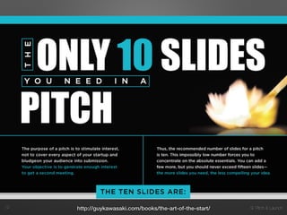 9. Pitch & Launch!12 http://guykawasaki.com/books/the-art-of-the-start/
 