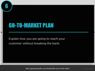 9. Pitch & Launch!18 http://guykawasaki.com/books/the-art-of-the-start/
 