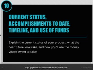 9. Pitch & Launch!22 http://guykawasaki.com/books/the-art-of-the-start/
 