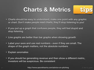 9. Pitch & Launch
Charts & Metrics
• Charts should be easy to understand, make one point with any graphic
or chart. Don't make people read charts, they'll stop listening to you!
• If you put up a graph that confuses people, they will feel stupid and
stop listening
• Line graphs are better than bar graphs when showing growth
• Label your axes and use real numbers - even if they are small. The
shape of the graph matters, not the absolute numbers
• Explain anomalies
• If you should be generating revenue and then show a different metric,
investors will be suspicious. Be consistent
!27 http://www.aaronkharris.com/advice-on-pitching
tips
 