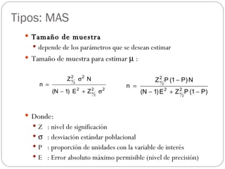 Tipos: MAS Tamaño de muestra depende de los parámetros que se desean estimar Tamaño de muestra para estimar    : Donde: Z : nivel de significación  : desviación estándar poblacional P : proporción de unidades con la variable de interés E : Error absoluto máximo permisible (nivel de precisión) 