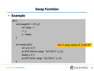  Example
16
Swap Function
[Ex]
void swap(int i, int j) {
int temp = i ;
i = j;
j = temp;
}
int main(void) {
int a=3, b=7;
printf(“before swap : %d %dn”, a, b);
swap( a, b );
printf(“after swap : %d %dn”, a, b);
}
Can it swap values of a and b?
 