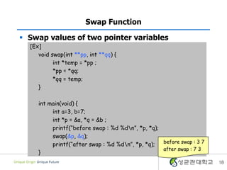  Swap values of two pointer variables
18
Swap Function
[Ex]
void swap(int **pp, int **qq) {
int *temp = *pp ;
*pp = *qq;
*qq = temp;
}
int main(void) {
int a=3, b=7;
int *p = &a, *q = &b ;
printf(“before swap : %d %dn”, *p, *q);
swap(&p, &q);
printf(“after swap : %d %dn”, *p, *q);
}
before swap : 3 7
after swap : 7 3
 