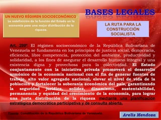 LA RUTA PARA LA
                                                                  CONSTRUCCIÓN
                                                                    SOCIALISTA

 Art. 299º. El régimen socioeconómico de la República Bolivariana de
 Venezuela se fundamenta en los principios de justicia social, democracia,
 eficiencia, libre competencia, protección del ambiente, productividad y
 solidaridad, a los fines de asegurar el desarrollo humano integral y una
 existencia digna y provechosa para la colectividad. El Estado
 conjuntamente con la iniciativa privada promoverá el desarrollo
 armónico de la economía nacional con el fin de generar fuentes de
 trabajo, alto valor agregado nacional, elevar el nivel de vida de la
 población y fortalecer la soberanía económica del país, garantizando
 la seguridad jurídica, solidez, dinamismo, sustentabilidad,
 permanencia y equidad del crecimiento de la economía, para lograr
 una justa distribución de la riqueza mediante una planificación
 estratégica democrática participativa y de consulta abierta.

Fuente: Constitución de la República Bolivariana de Venezuela.
 