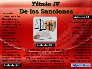 Título IV
Los actos     De las Sanciones
contrarios a las                                             Artículo 84.
disposiciones
previstas en la                                           Los funcionarios
presente Ley, se                                                   públicos
considerarán                                               responsables de
nulos y los                                                       formular,
funcionarios                                              ejecutar, seguir,
públicos o                                                        evaluar y
funcionarias                                                  controlar los
públicas que los                                                     planes
realicen                                                  contemplado en
incurrirán en las
                              Artículo 83.
                                                               esta Ley que
responsabilidades Las máximas autoridades jerárquicas        incumplan las
disciplinarias,     que intervienen en los procesos de         obligaciones
administrativas, planificación de los órganos del Poder     previstas en la
penales o civiles,  Público, serán responsables por los       misma, serán
según sea el caso.      actos, hecho u omisiones en     objeto de sanción.
                       contravención a los deberes y
  Artículo 82.     obligaciones establecidos en esta Ley.
 