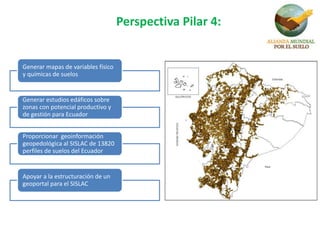 Perspectiva Pilar 4:
Generar mapas de variables físico
y químicas de suelos
Generar estudios edáficos sobre
zonas con potencial productivo y
de gestión para Ecuador
Proporcionar geoinformación
geopedológica al SISLAC de 13820
perfiles de suelos del Ecuador
Apoyar a la estructuración de un
geoportal para el SISLAC
 