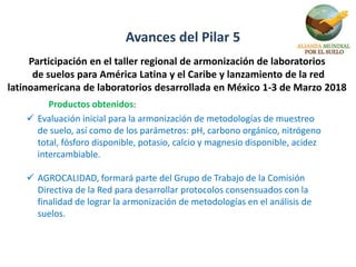 Avances del Pilar 5
Participación en el taller regional de armonización de laboratorios
de suelos para América Latina y el Caribe y lanzamiento de la red
latinoamericana de laboratorios desarrollada en México 1-3 de Marzo 2018
 Evaluación inicial para la armonización de metodologías de muestreo
de suelo, así como de los parámetros: pH, carbono orgánico, nitrógeno
total, fósforo disponible, potasio, calcio y magnesio disponible, acidez
intercambiable.
 AGROCALIDAD, formará parte del Grupo de Trabajo de la Comisión
Directiva de la Red para desarrollar protocolos consensuados con la
finalidad de lograr la armonización de metodologías en el análisis de
suelos.
Productos obtenidos:
 