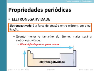 Tabela periódica – Propriedades




Propriedades periódicas
• ELETRONEGATIVIDADE
  Eletronegativade é a força de atração entre elétrons em uma
  ligação.

      – Quanto menor o tamanho do átomo, maior será a
        eletronegatividade.
            • Não é definida para os gases nobres.




Química – 1º ano Ens. Médio           2º Período                    Profa. Rebeca Vale
 