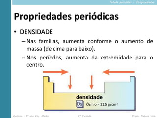 Tabela periódica – Propriedades




Propriedades periódicas
• DENSIDADE
      – Nas famílias, aumenta conforme o aumento de
        massa (de cima para baixo).
      – Nos períodos, aumenta da extremidade para o
        centro.




                                    Ósmio = 22,5 g/cm3

Química – 1º ano Ens. Médio   2º Período                        Profa. Rebeca Vale
 