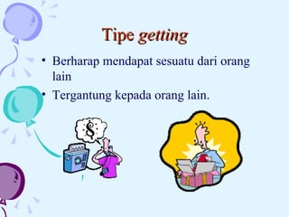 Tipe  getting Berharap mendapat sesuatu dari orang lain Tergantung kepada orang lain.  