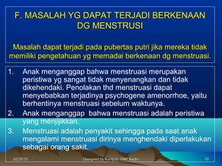 F. MASALAH YG DAPAT TERJADI BERKENAANF. MASALAH YG DAPAT TERJADI BERKENAAN
DG MENSTRUSIDG MENSTRUSI
Masalah dapat terjadi pada pubertas putri jika mereka tidakMasalah dapat terjadi pada pubertas putri jika mereka tidak
memiliki pengetahuan yg memadai berkenaan dg menstruasi.memiliki pengetahuan yg memadai berkenaan dg menstruasi.
1. Anak menganggap bahwa menstruasi merupakan
peristiwa yg sangat tidak menyenangkan dan tidak
dikehendaki. Penolakan thd menstruasi dapat
menyebabkan terjadinya psychogene amenorrhoe, yaitu
berhentinya menstruasi sebelum waktunya.
2. Anak menganggap bahwa menstruasi adalah peristiwa
yang menjijikkan.
3. Menstruasi adalah penyakit sehingga pada saat anak
mengalami menstruasi dirinya menghendaki diperlakukan
sebagai orang sakit.
101002/20/1502/20/15 Designed by Kuntjojo, UNP KediriDesigned by Kuntjojo, UNP Kediri
 