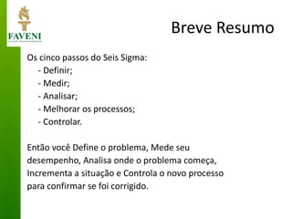 Breve Resumo 
Os cinco passos do Seis Sigma: 
- Definir; 
- Medir; 
- Analisar; 
- Melhorar os processos; 
- Controlar. 
Então você Define o problema, Mede seu 
desempenho, Analisa onde o problema começa, 
Incrementa a situação e Controla o novo processo 
para confirmar se foi corrigido. 
 