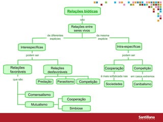 Relaç ões  bióticas Cooperação Relações favoráveis Comensalismo Cooperação Competição são de diferentes espécies da mesma espécie Relações entre seres vivos Interespecíficas Intra-específicas podem ser Competição em casos extremos Canibalismo é mais sofisticada nas Sociedades Relações desfavoráveis que são Mutualismo Simbiose Predação Parasitismo podem ser 