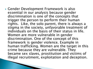  Gender Development Framework is also
essential in our analysis because gender
discrimination is one of the concepts that...