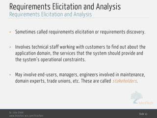 MedTech
Requirements Elicitation and Analysis
• Sometimes called requirements elicitation or requirements discovery.
• Involves technical staff working with customers to find out about the
application domain, the services that the system should provide and
the system’s operational constraints.
• May involve end-users, managers, engineers involved in maintenance,
domain experts, trade unions, etc. These are called stakeholders.
Dr. Lilia SFAXI
www.liliasfaxi.wix.com/liliasfaxi
Slide 11
Requirements Elicitation and Analysis
 