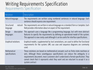 MedTech
Writing Requirements Specification
Dr. Lilia SFAXI
www.liliasfaxi.wix.com/liliasfaxi
Slide 29
Requirements Specification
Notation Description
Natural language The requirements are written using numbered sentences in natural language. Each
sentence should express one requirement.
Structured natural
language
The requirements are written in natural language on a standard form or template. Each
field provides information about an aspect of the requirement.
Design description
languages
This approach uses a language like a programming language, but with more abstract
features to specify the requirements by defining an operational model of the system.
This approach is now rarely used although it can be useful for interface specifications.
Graphical notations Graphical models, supplemented by text annotations, are used to define the functional
requirements for the system; UML use case and sequence diagrams are commonly
used.
Mathematical
specifications
These notations are based on mathematical concepts such as finite-state machines or
sets. Although these unambiguous specifications can reduce the ambiguity in a
requirements document, most customers don’t understand a formal specification. They
cannot check that it represents what they want and are reluctant to accept it as a
system contract
 