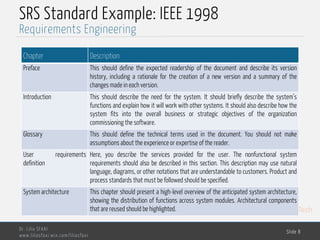 MedTech
SRS Standard Example: IEEE 1998
Dr. Lilia SFAXI
www.liliasfaxi.wix.com/liliasfaxi
Slide 8
Requirements Engineering
Chapter Description
Preface This should define the expected readership of the document and describe its version
history, including a rationale for the creation of a new version and a summary of the
changes made in each version.
Introduction This should describe the need for the system. It should briefly describe the system’s
functions and explain how it will work with other systems. It should also describe how the
system fits into the overall business or strategic objectives of the organization
commissioning the software.
Glossary This should define the technical terms used in the document. You should not make
assumptions about the experience or expertise of the reader.
User requirements
definition
Here, you describe the services provided for the user. The nonfunctional system
requirements should also be described in this section. This description may use natural
language, diagrams, or other notations that are understandable to customers. Product and
process standards that must be followed should be specified.
System architecture This chapter should present a high-level overview of the anticipated system architecture,
showing the distribution of functions across system modules. Architectural components
that are reused should be highlighted.
 