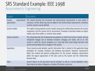 MedTech
SRS Standard Example: IEEE 1998
Dr. Lilia SFAXI
www.liliasfaxi.wix.com/liliasfaxi
Slide 9
Requirements Engineering
Chapter Description
System requirements
specification
This should describe the functional and nonfunctional requirements in more detail. If
necessary, further detail may also be added to the nonfunctional requirements. Interfaces
to other systems may be defined.
System models This might include graphical system models showing the relationships between the system
components and the system and its environment. Examples of possible models are object
models, data-flow models, or semantic data models.
System evolution This should describe the fundamental assumptions on which the system is based, and any
anticipated changes due to hardware evolution, changing user needs, and so on. This
section is useful for system designers as it may help them avoid design decisions that
would constrain likely future changes to the system.
Appendices These should provide detailed, specific information that is related to the application being
developed; for example, hardware and database descriptions. Hardware requirements
define the minimal and optimal configurations for the system. Database requirements
define the logical organization of the data used by the system and the relationships
between data.
Index Several indexes to the document may be included. As well as a normal alphabetic index,
there may be an index of diagrams, an index of functions, and so on.
 