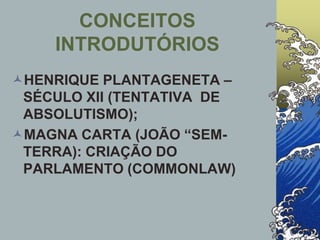 CONCEITOS
INTRODUTÓRIOS
HENRIQUE PLANTAGENETA –
SÉCULO XII (TENTATIVA DE
ABSOLUTISMO);
MAGNA CARTA (JOÃO “SEM-
TERRA): CRIAÇÃO DO
PARLAMENTO (COMMONLAW)
 