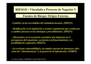 RIESGO : Vinculado a Procesos de Negocios V
Fuentes de Riesgo: Origen Externo.
- Cambios en las necesidades del ciudadano/usuario. (SIGEN).
- Modificación en la legislación y normas regulatorias que conduzcan
a cambios forzosos en la estrategia y procedimientos. (SIGEN)
- Alteraciones en el escenario económico que impacten en el
presupuesto del organismo, sus fuentes de financiamiento y su
posibilidad de expansión. (SIGEN)
- La creciente vulnerabilidad y un amplio espectro de amenazas, tales
como las “ciberamenazas” y la guerra de la información. (COBIT)
Cr. Carlos A. Rumitt - AUDITORIA - Fuente: SIGEN, ISACA.
 