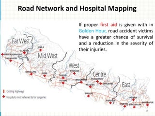 Road Network and Hospital Mapping
If proper first aid is given with in
Golden Hour, road accident victims
have a greater chance of survival
and a reduction in the severity of
their injuries.
18
 
