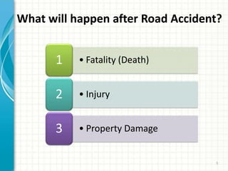 • Fatality (Death)1
• Injury2
• Property Damage3
What will happen after Road Accident?
5
 