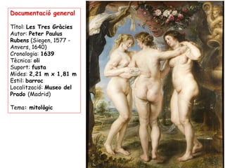 Documentació general

Títol: Les Tres Gràcies
Autor: Peter Paulus
Rubens (Siegen, 1577 -
Anvers, 1640)
Cronologia: 1639
Tècnica: oli
Suport: fusta
Mides: 2,21 m x 1,81 m
Estil: barroc
Localització: Museo del
Prado (Madrid)

Tema: mitològic
 