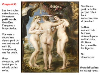 Composició
                  Semblen a
Les tres noies,   punt de ballar
entrellaçades,    perquè totes
formen un         tres
petit cercle.     endarrereixen
Una dóna          el peu dret.
l'esquena a
l’espectador.     La llum
                  envaeix tota
Van nues o        l’escena,
cobreixen         desenvolupada
alguna part del   en l’exterior.
cos amb un vel    Un tènue
molt fi,          focus envolta
transparent,      les figures.
que les uneix.
                  No
Grup              clarobscurs
compacte, unit
també per la
mirada de les     Gran delicadesa
noies.            en les postures.
 