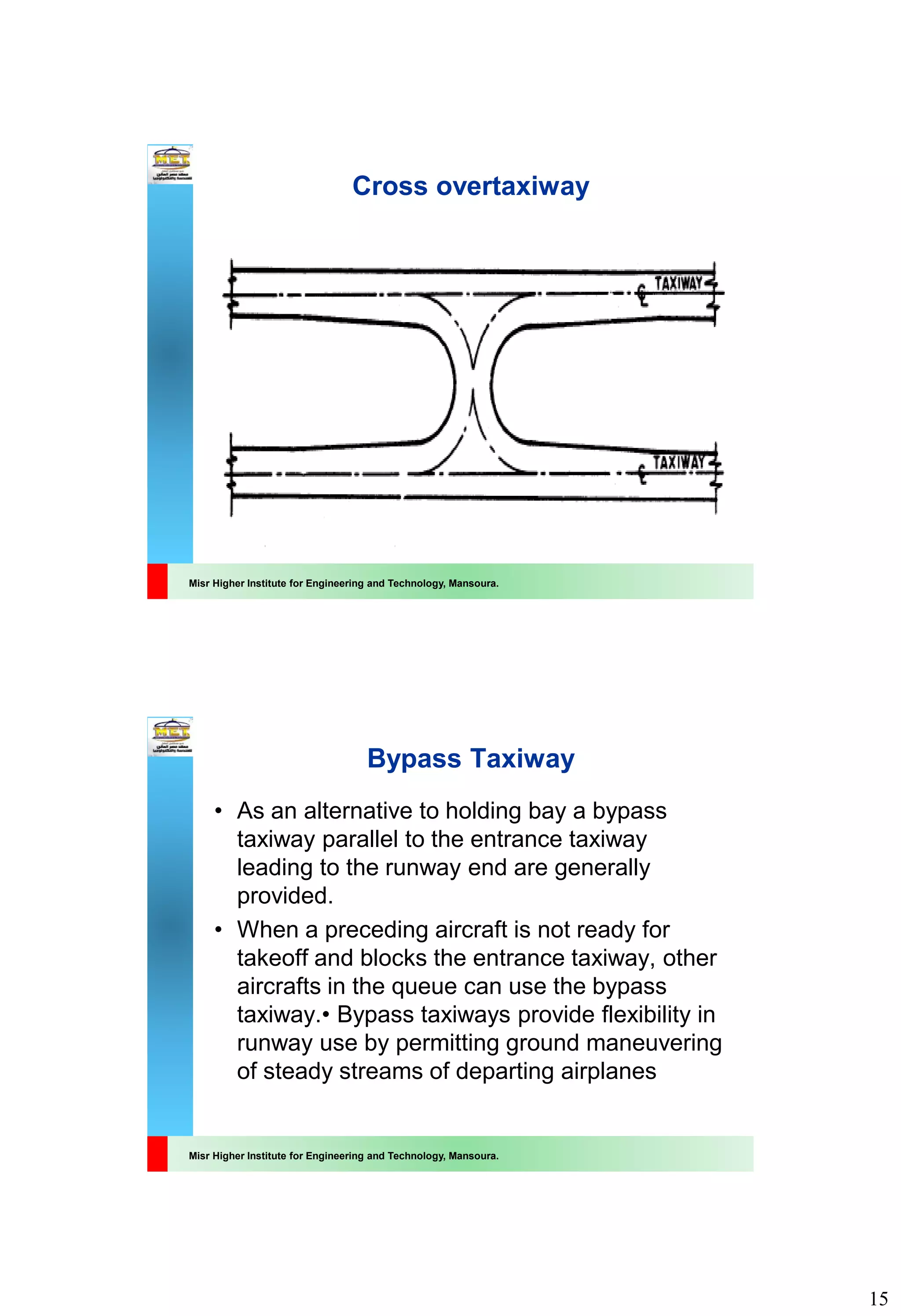 15
Misr Higher Institute for Engineering and Technology, Mansoura.
Cross overtaxiway
Misr Higher Institute for Engineering and Technology, Mansoura.
Bypass Taxiway
• As an alternative to holding bay a bypass
taxiway parallel to the entrance taxiway
leading to the runway end are generally
provided.
• When a preceding aircraft is not ready for
takeoff and blocks the entrance taxiway, other
aircrafts in the queue can use the bypass
taxiway.• Bypass taxiways provide flexibility in
runway use by permitting ground maneuvering
of steady streams of departing airplanes
 