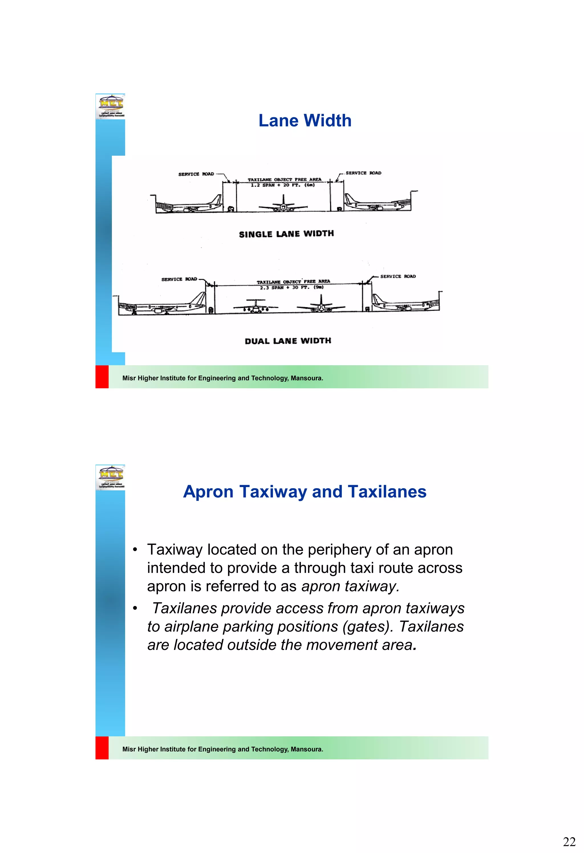 22
Misr Higher Institute for Engineering and Technology, Mansoura.
Lane Width
Misr Higher Institute for Engineering and Technology, Mansoura.
Apron Taxiway and Taxilanes
• Taxiway located on the periphery of an apron
intended to provide a through taxi route across
apron is referred to as apron taxiway.
• Taxilanes provide access from apron taxiways
to airplane parking positions (gates). Taxilanes
are located outside the movement area.
 
