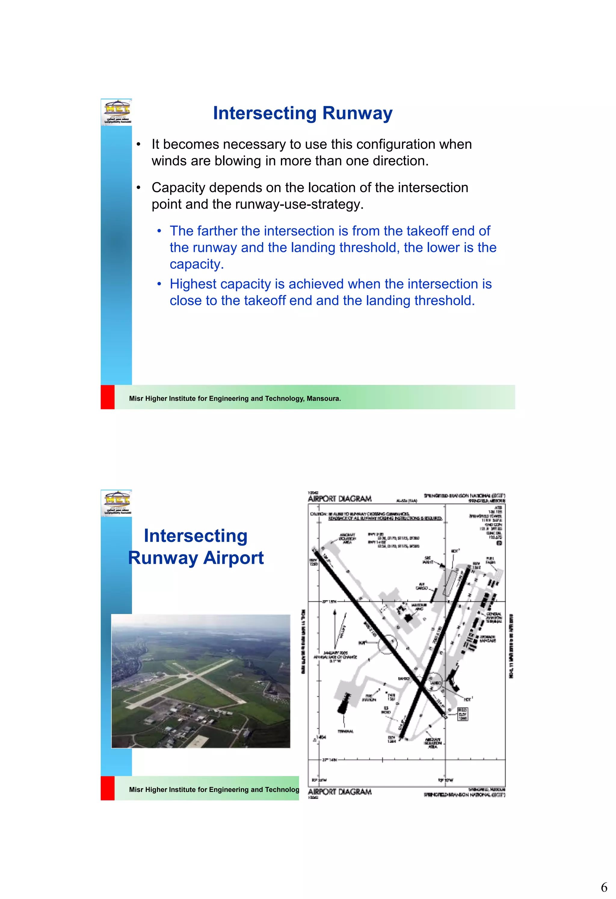 6
Misr Higher Institute for Engineering and Technology, Mansoura.
Intersecting Runway
• It becomes necessary to use this configuration when
winds are blowing in more than one direction.
• Capacity depends on the location of the intersection
point and the runway-use-strategy.
• The farther the intersection is from the takeoff end of
the runway and the landing threshold, the lower is the
capacity.
• Highest capacity is achieved when the intersection is
close to the takeoff end and the landing threshold.
Misr Higher Institute for Engineering and Technology, Mansoura.
Intersecting
Runway Airport
 