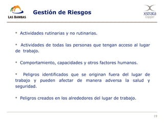19
Gestión de Riesgos
 Actividades rutinarias y no rutinarias.
 Actividades de todas las personas que tengan acceso al lugar
de trabajo.
 Comportamiento, capacidades y otros factores humanos.
 Peligros identificados que se originan fuera del lugar de
trabajo y pueden afectar de manera adversa la salud y
seguridad.
 Peligros creados en los alrededores del lugar de trabajo.
 