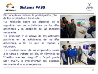 25
Sistema PASS
El concepto es obtener la participación total
de los empleados a través de:
La reflexión sobre los aspectos de la
seguridad en las actividades de los días
anteriores y la adopción de las medidas
necesarias.
La discusión y el apoyo de las actitudes
positivas en las actividades de los días
anteriores, a fin de que se repitan y
refuercen.
La concientización de los empleados previa
a la tarea o trabajo del día, en términos de
“¿cuáles son los riesgos?” o “¿qué puede
salir mal?”, e implementar las acciones
necesarias donde se requieran.
 
