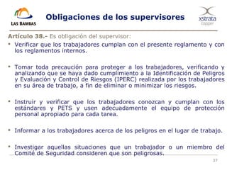 37
Obligaciones de los supervisores
Artículo 38.- Es obligación del supervisor:
 Verificar que los trabajadores cumplan con el presente reglamento y con
los reglamentos internos.
 Tomar toda precaución para proteger a los trabajadores, verificando y
analizando que se haya dado cumplimiento a la Identificación de Peligros
y Evaluación y Control de Riesgos (IPERC) realizada por los trabajadores
en su área de trabajo, a fin de eliminar o minimizar los riesgos.
 Instruir y verificar que los trabajadores conozcan y cumplan con los
estándares y PETS y usen adecuadamente el equipo de protección
personal apropiado para cada tarea.
 Informar a los trabajadores acerca de los peligros en el lugar de trabajo.
 Investigar aquellas situaciones que un trabajador o un miembro del
Comité de Seguridad consideren que son peligrosas.
 