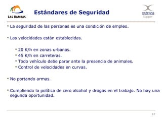 67
Estándares de Seguridad
 La seguridad de las personas es una condición de empleo.
 Las velocidades están establecidas.
 20 K/h en zonas urbanas.
 45 K/h en carreteras.
 Todo vehículo debe parar ante la presencia de animales.
 Control de velocidades en curvas.
 No portando armas.
 Cumpliendo la política de cero alcohol y drogas en el trabajo. No hay una
segunda oportunidad.
 