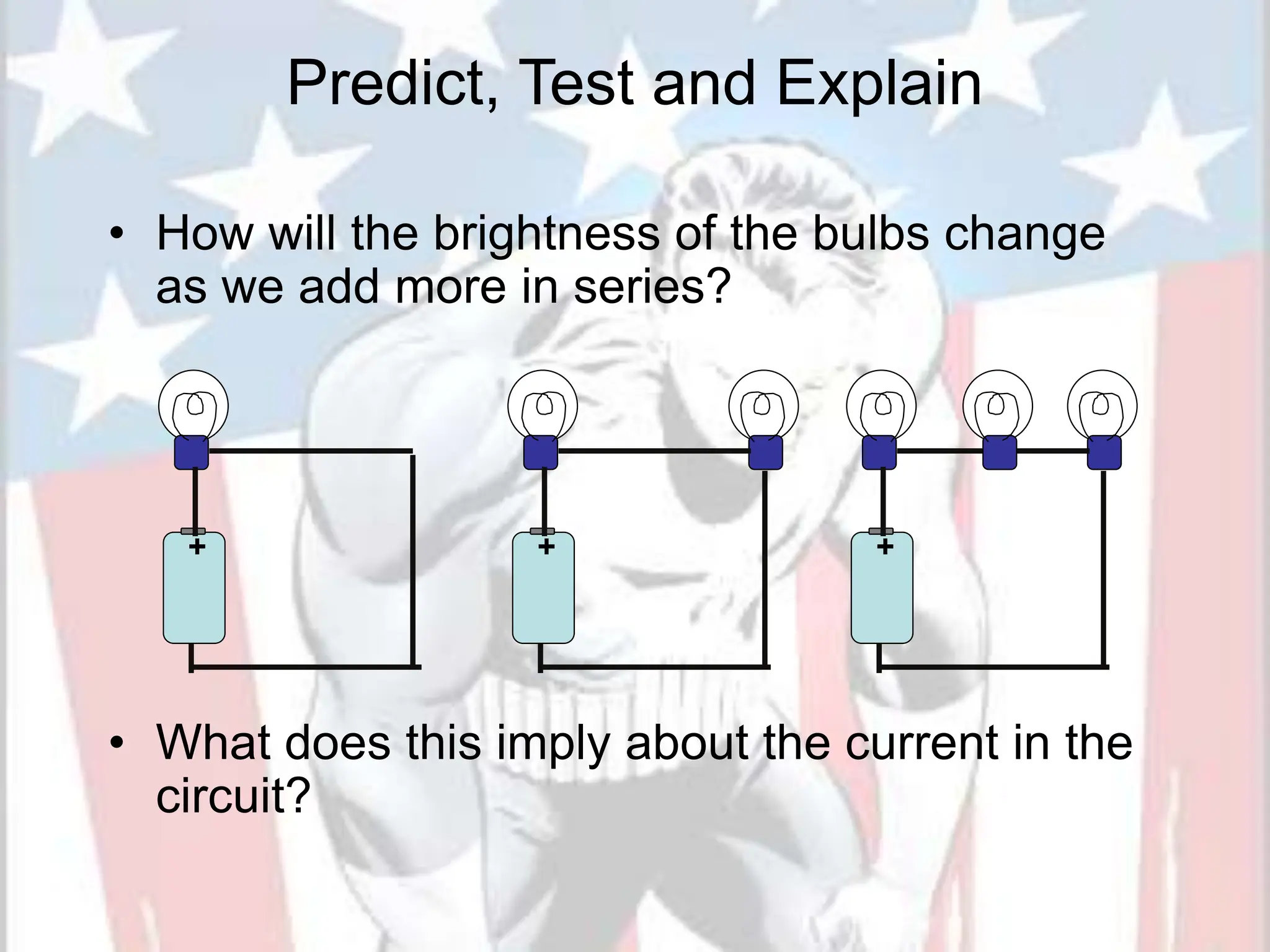 Predict, Test and Explain
• How will the brightness of the bulbs change
as we add more in series?
• What does this imply about the current in the
circuit?
+
+ +
 