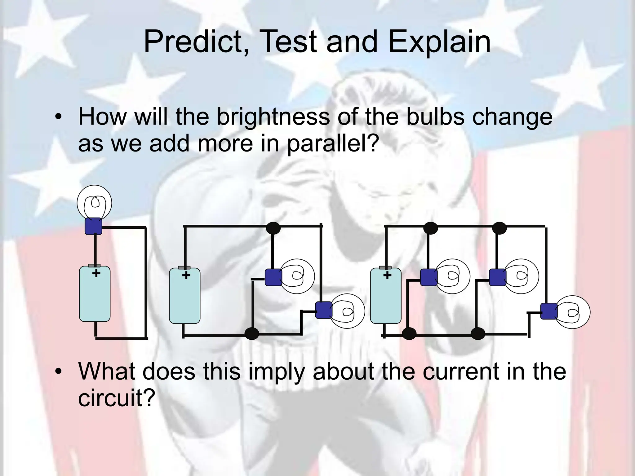 • How will the brightness of the bulbs change
as we add more in parallel?
• What does this imply about the current in the
circuit?
Predict, Test and Explain
+ + +
 