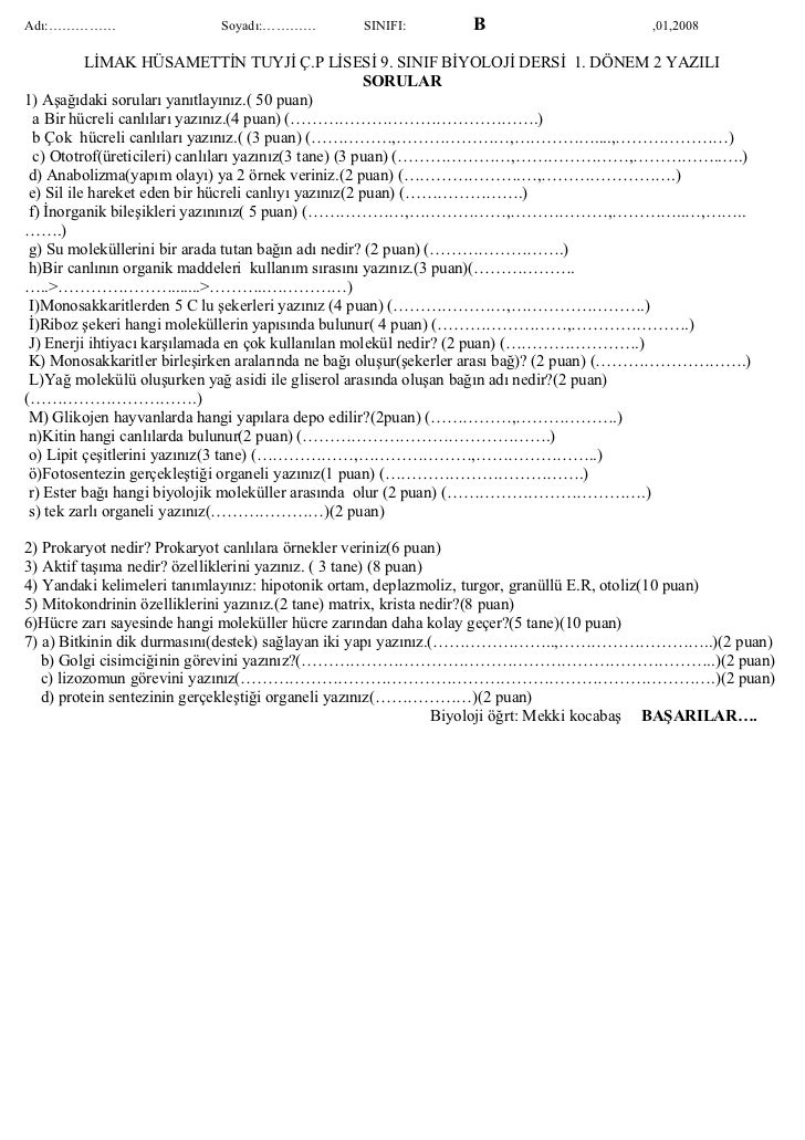 9 Sinif Biyoloji Dersi 1 Donem 2 Yazili Bbbbb