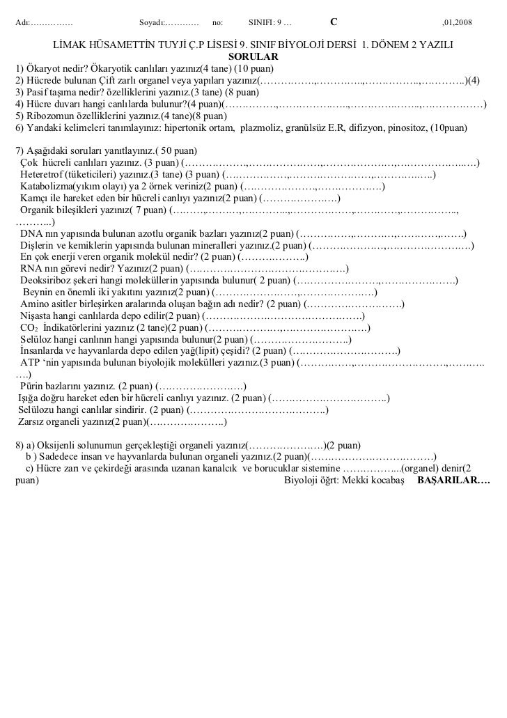 9 Sinif Biyoloji Dersi 1 Donem 2 Yazili Ccccc