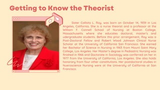 Sister Callista L. Roy, was born on October 14, 1939 in Los
Angeles, California. She is a nurse theorist and a professor at the
William F. Connell School of Nursing at Boston College,
Massachusetts where she educates doctoral, master’s and
udergraduate students. Before this prior arrangement, Roy was a
Post-Doctoral Fellow and Robert Wood Johnson Clinical Nurse
Scholar at the University of California San Francisco. She earned
her Bachelor of Science in Nursing in 1963 from Mount Saint Mary
College, Los Angeles. Her Master’s degree in Pediaatric Nursing was
finished in 1966 and Doctorate in Sociology was conferred on her in
1977 from the University of California, Los Angeles. She also holds
honorary from four other constitutions. Her postdoctoral studies in
Nueroscience Nursing were at the University of California at San
Francisco.
 