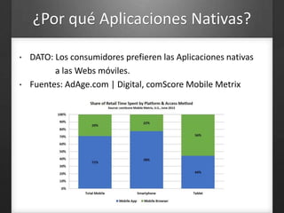 ¿Por qué Aplicaciones Nativas?
• DATO: Los consumidores prefieren las Aplicaciones nativas
a las Webs móviles.
• Fuentes: AdAge.com | Digital, comScore Mobile Metrix
 