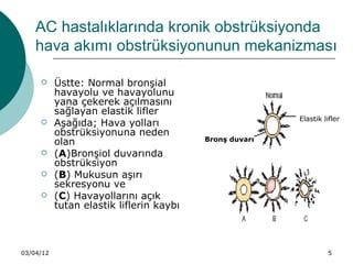 AC hastalıklarında kronik obstrüksiyonda
    hava akımı obstrüksiyonunun mekanizması

          Üstte: Normal bronşial
           havayolu ve havayolunu
           yana çekerek açılmasını
           sağlayan elastik lifler
                                                         Elastik lifler
          Aşağıda; Hava yolları
           obstrüksiyonuna neden
           olan                           Bronş duvarı
          (A)Bronşiol duvarında
           obstrüksiyon
          (B) Mukusun aşırı
           sekresyonu ve
          (C) Havayollarını açık
           tutan elastik liflerin kaybı



03/04/12                                                           5
 