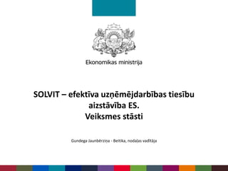 SOLVIT – efektīva uzņēmējdarbības tiesību
aizstāvība ES.
Veiksmes stāsti
Gundega Jaunbērziņa - Beitika, nodaļas vadītāja
 
