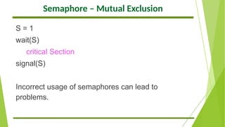 Semaphore – Mutual Exclusion
S = 1
wait(S)
critical Section
signal(S)
Incorrect usage of semaphores can lead to
problems.
 