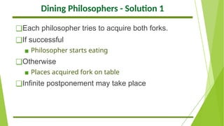 Dining Philosophers - Solution 1
❑Each philosopher tries to acquire both forks.
❑If successful
▪ Philosopher starts eating
❑Otherwise
▪ Places acquired fork on table
❑Infinite postponement may take place
 
