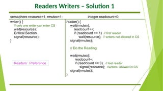 Readers Writers – Solution 1
semaphore resource=1, rmutex=1; integer readcount=0;
writer() {
// only one writer can enter CS
wait(resource);
Critical Section
signal(resource);
}
reader() {
wait(rmutex);
readcount++;
if (readcount == 1) // first reader
wait(resource); // writers not allowed in CS
signal(rmutex);
// Do the Reading
wait(rmutex);
readcount--;
if (readcount == 0) // last reader
signal(resource); //writers allowed in CS
signal(rmutex);
}
Readers’ Preference
 