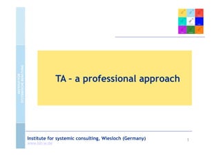 1
Institute for systemic consulting, Wiesloch (Germany)
www.isb-w.de
TA – a professional approach
The content on this slide is licensed under a Creative Commons Attribution 3.0 License. Creative Commons Namensnennung 3.0 Deutschland Lizenz.
to watch on youtube, see details below
 