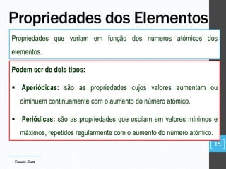Propriedades que variam em função dos números atómicos dos
elementos.
Propriedades dos Elementos
15
Podem ser de dois tipos:
 Aperiódicas: são as propriedades cujos valores aumentam ou
diminuem continuamente com o aumento do número atómico.
 Periódicas: são as propriedades que oscilam em valores mínimos e
máximos, repetidos regularmente com o aumento do número atómico.
Daniela Pinto
 