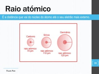 É a distância que vai do núcleo do átomo até o seu eletrão mais externo.
18
Raio atómico
Daniela Pinto
 