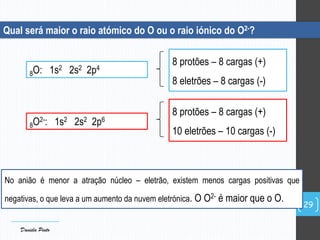 Qual será maior o raio atómico do O ou o raio iónico do O2-?
8O: 1s2 2s2 2p4
8 protões – 8 cargas (+)
8 eletrões – 8 cargas (-)
8O2-: 1s2 2s2 2p6
No anião é menor a atração núcleo – eletrão, existem menos cargas positivas que
negativas, o que leva a um aumento da nuvem eletrónica. O O2- é maior que o O.
29
8 protões – 8 cargas (+)
10 eletrões – 10 cargas (-)
Daniela Pinto
 